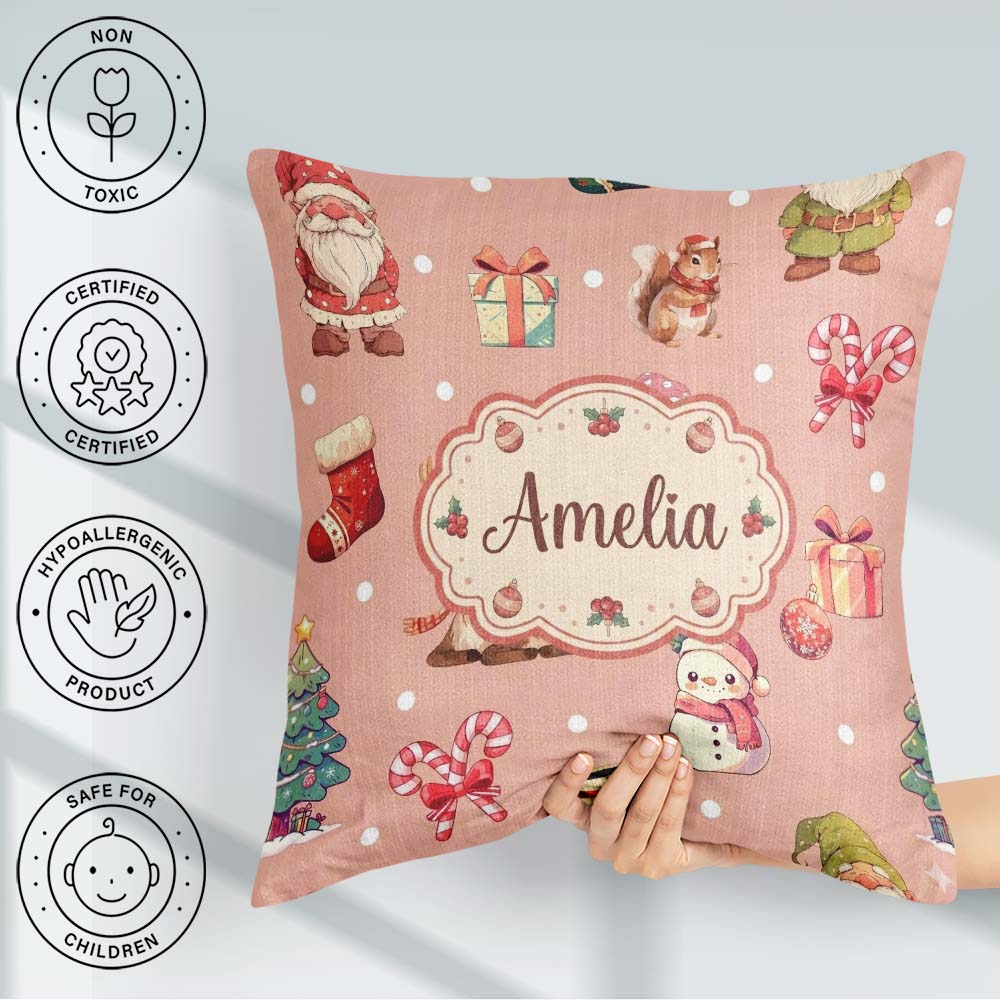 Custom Name Christmas Gnome Snowman on Peach Snow Dot Background Square Filled Cushion Throw Pillow Sofa Bed Home Decor Zip Washable UK Made