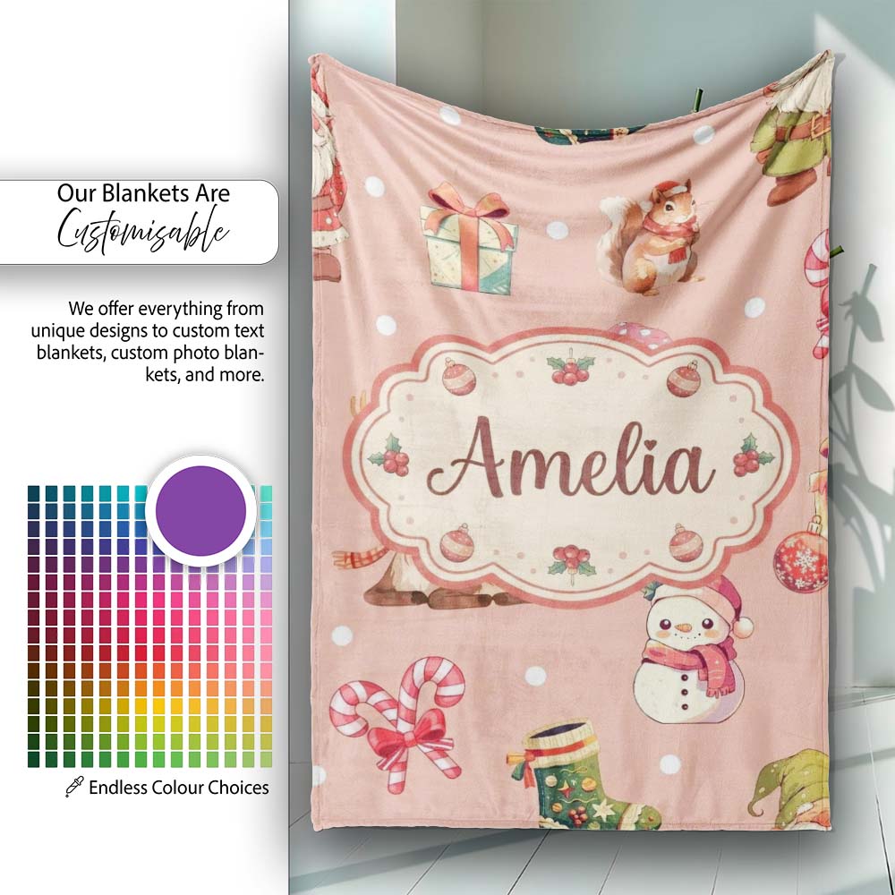 Christmas Gnome Reindeer Snowman Gift on Peach Snow Dot Background  Personalised Custom Name Super Soft Fleece Blanket Bed Sofa Throw