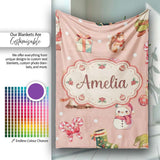 Christmas Gnome Reindeer Snowman Gift on Peach Snow Dot Background  Personalised Custom Name Super Soft Fleece Blanket Bed Sofa Throw