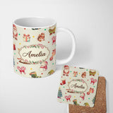 Personalized Custom Name Christmas Gnome Reindeer Snowman Gift on Cream Polka Dot Background 11oz Ceramic Coffee Tea Mug White Large Handle