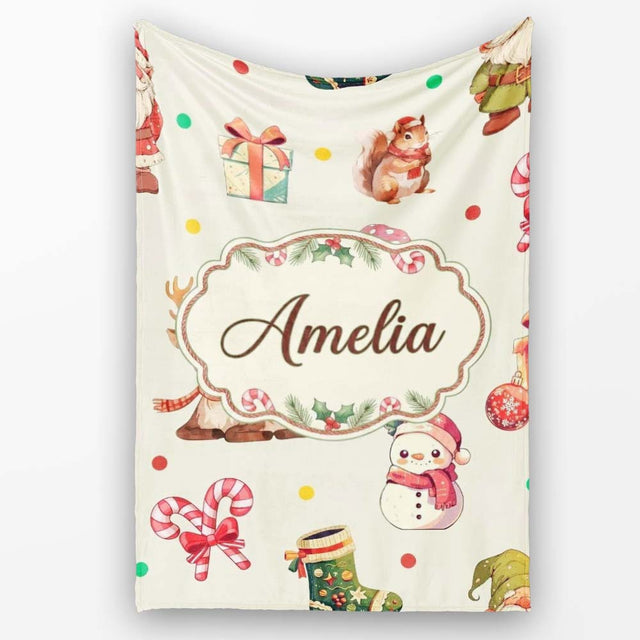 Christmas Gnome Reindeer Snowman Gift on Cream Polka Dot Background  Personalised Custom Name Super Soft Fleece Blanket Bed Sofa Throw