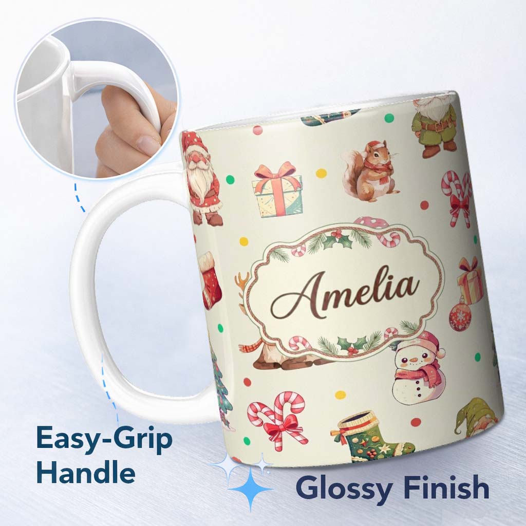 Personalized Custom Name Christmas Gnome Reindeer Snowman Gift on Cream Polka Dot Background 11oz Ceramic Coffee Tea Mug White Large Handle
