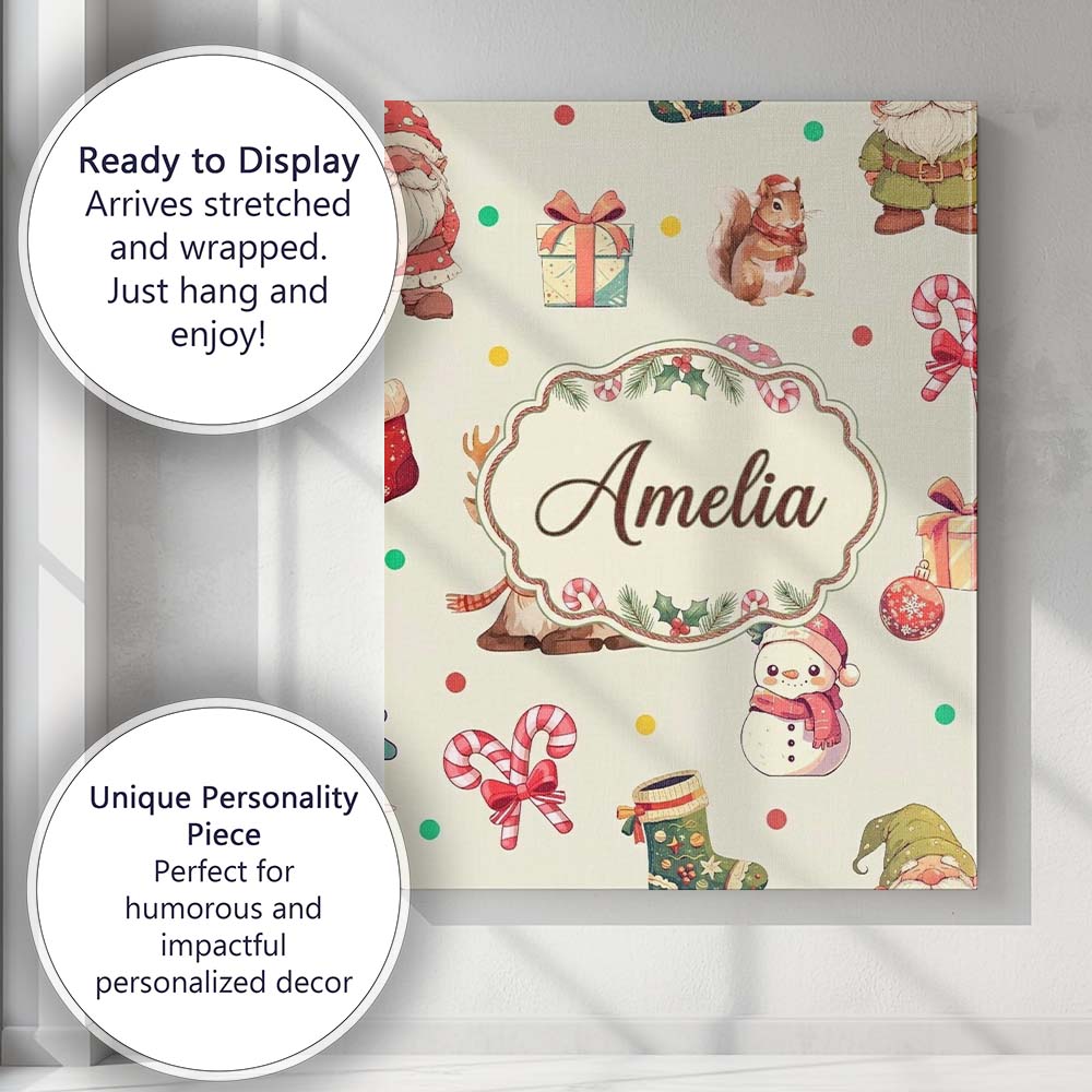 Personalised Name Christmas Gnome Reindeer Custom  Unique Gift Idea Elegant Feature Canvas Wall Art Print Decor Picture Ready to Hang