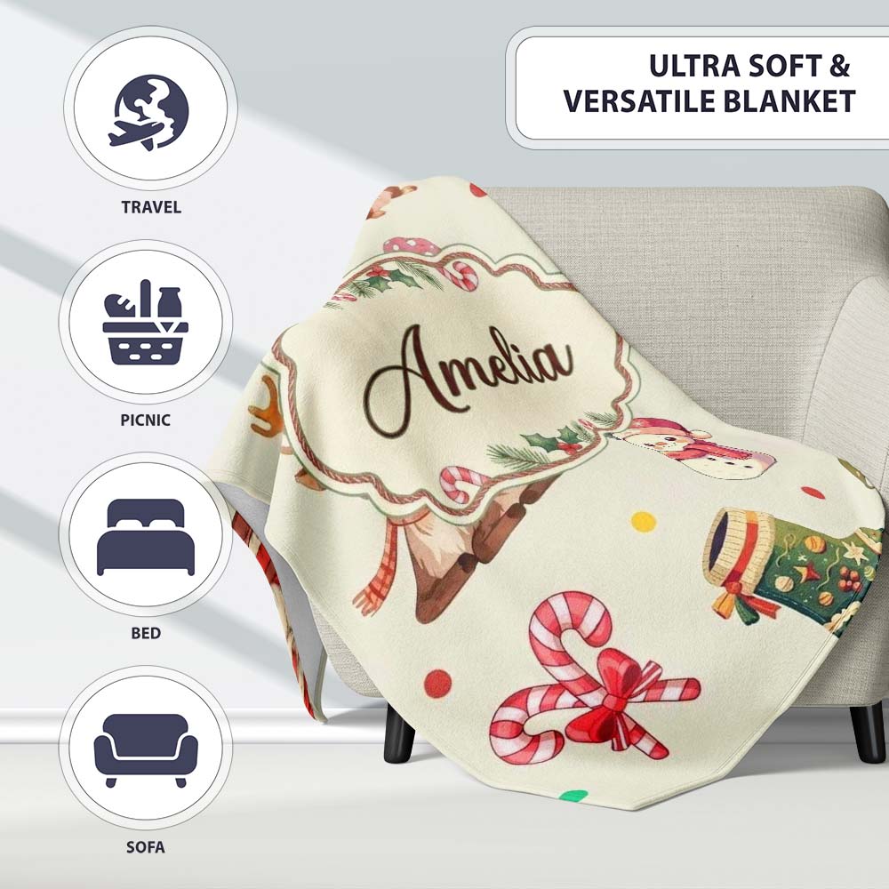 Christmas Gnome Reindeer Snowman Gift on Cream Polka Dot Background  Personalised Custom Name Super Soft Fleece Blanket Bed Sofa Throw