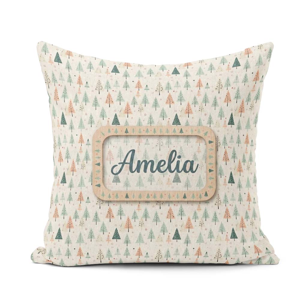 Custom Name Pastel Christmas Trees Scandinavian Neutral Seamless Square Filled Cushion Throw Pillow Sofa Bed Home Decor Zip Washable UK Made