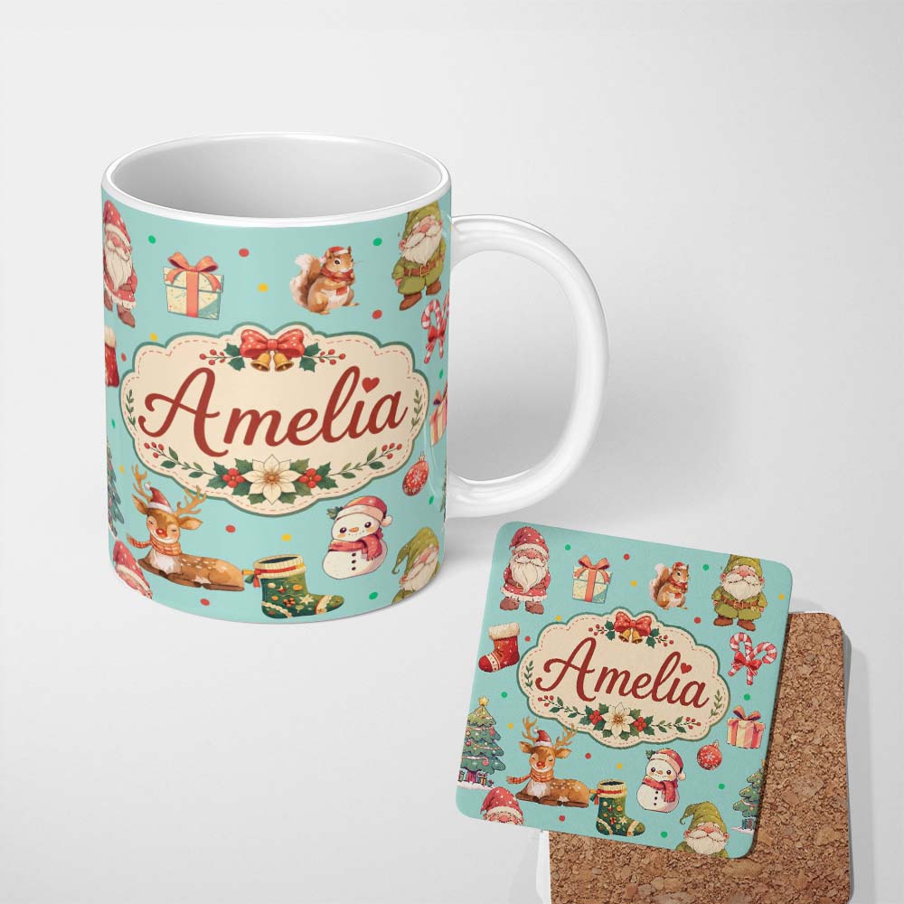 Personalized Custom Name Christmas Gnome Reindeer Snowman Gift on Mint Polka Dot Background 11oz Ceramic Coffee Tea Mug White Large Handle