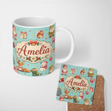 Personalized Custom Name Christmas Gnome Reindeer Snowman Gift on Mint Polka Dot Background 11oz Ceramic Coffee Tea Mug White Large Handle
