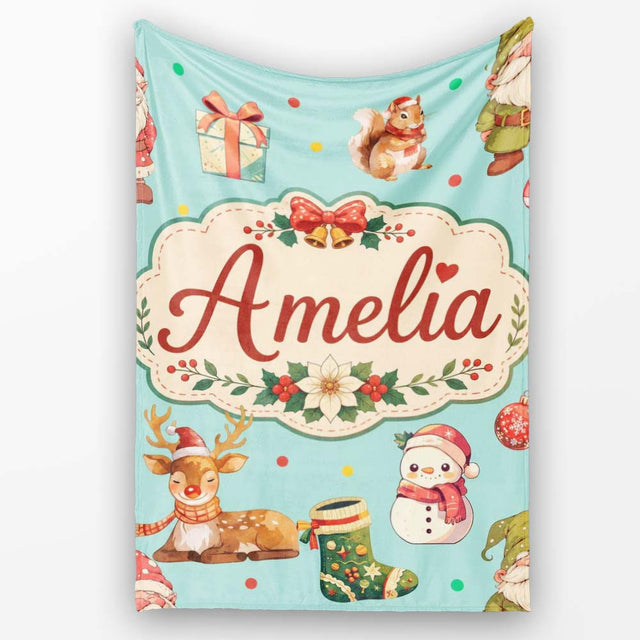 Christmas Gnome Reindeer Snowman Gift on Mint Polka Dot Background  Personalised Custom Name Super Soft Fleece Blanket Bed Sofa Throw