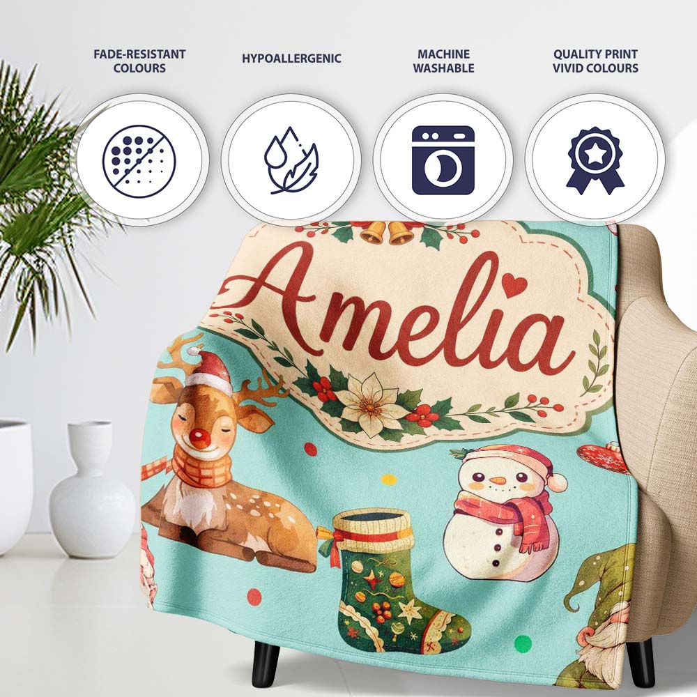 Christmas Gnome Reindeer Snowman Gift on Mint Polka Dot Background  Personalised Custom Name Super Soft Fleece Blanket Bed Sofa Throw