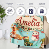 Christmas Gnome Reindeer Snowman Gift on Mint Polka Dot Background  Personalised Custom Name Super Soft Fleece Blanket Bed Sofa Throw