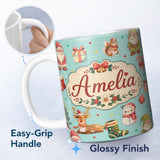 Personalized Custom Name Christmas Gnome Reindeer Snowman Gift on Mint Polka Dot Background 11oz Ceramic Coffee Tea Mug White Large Handle
