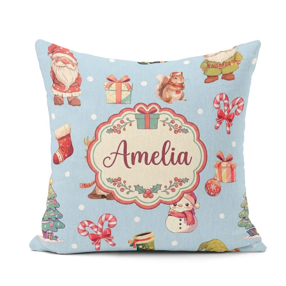 Custom Name Christmas Gnome Reindeer on Blue Snow Dot Background Square Filled Cushion Throw Pillow Sofa Bed Home Decor Zip Washable UK Made