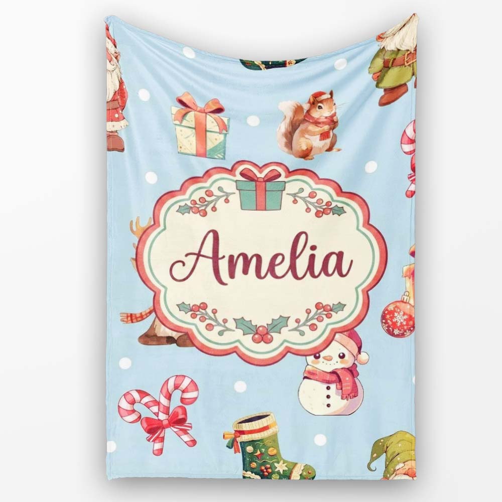 Christmas Gnome Reindeer Snowman Gift on Blue Snow Dot Background  Personalised Custom Name Super Soft Fleece Blanket Bed Sofa Throw