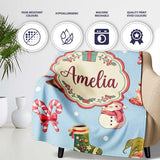 Christmas Gnome Reindeer Snowman Gift on Blue Snow Dot Background  Personalised Custom Name Super Soft Fleece Blanket Bed Sofa Throw