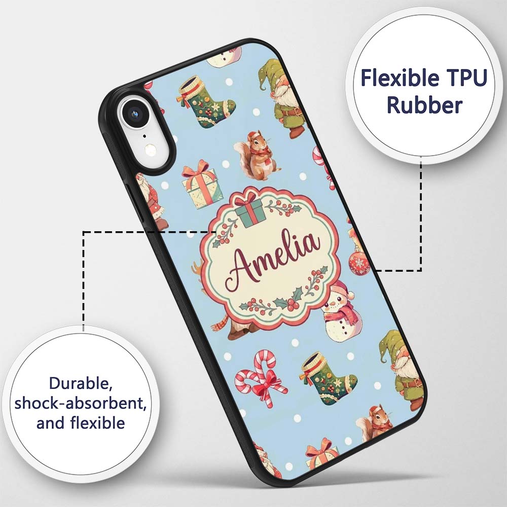 Christmas Gnome Reindeer Snowman Gift on Blue Custom Name Protective Phone Case Mobile Cover Durable Everyday Smartphone Shock Resistant