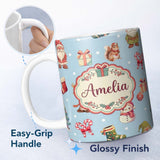 Personalized Custom Name Christmas Gnome Reindeer Snowman Gift on Blue Snow Dot Background 11oz Ceramic Coffee Tea Mug White Large Handle