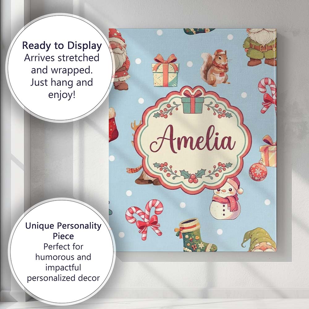Personalised Name Christmas Gnome Reindeer Custom  Unique Gift Idea Elegant Feature Canvas Wall Art Print Decor Picture Ready to Hang