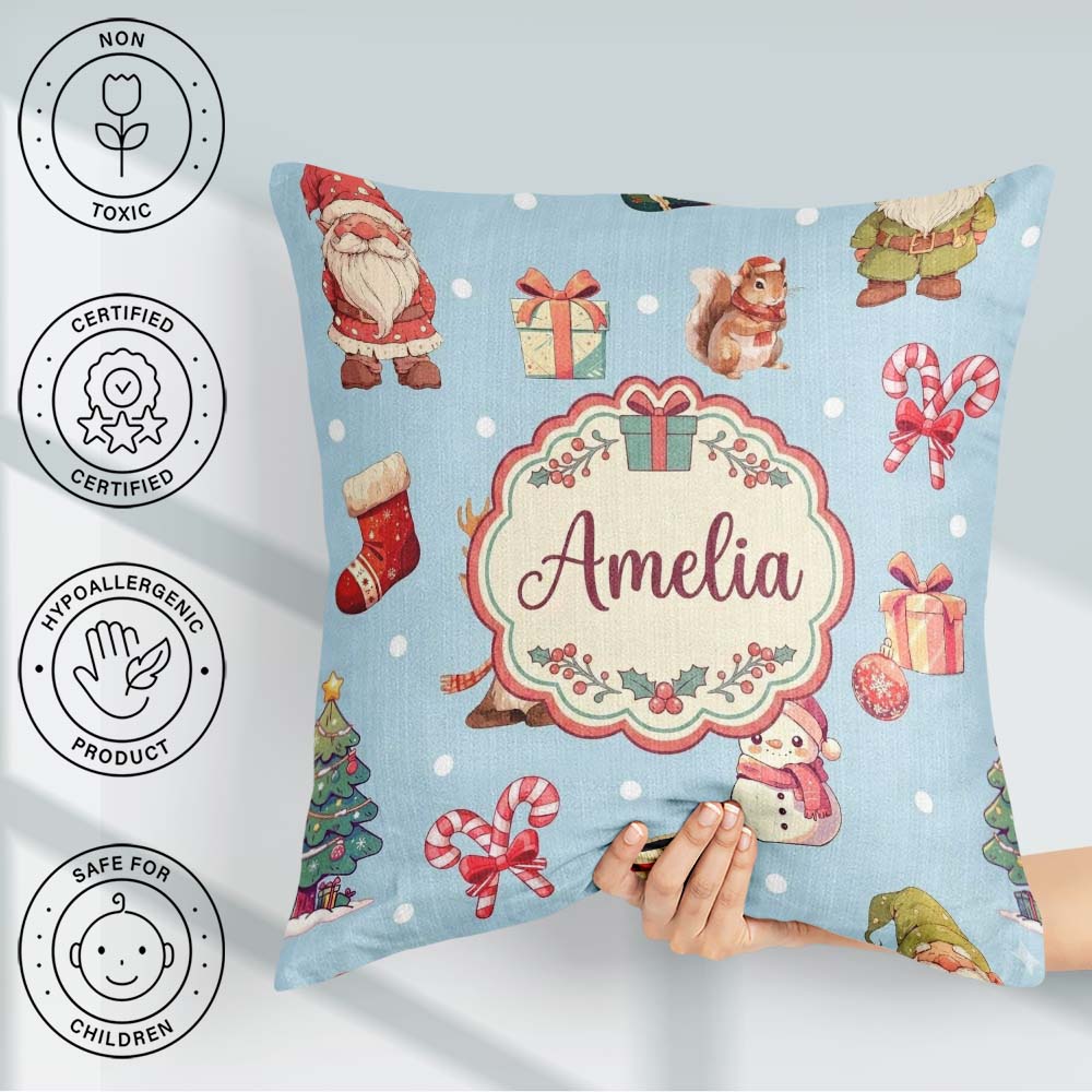 Custom Name Christmas Gnome Reindeer on Blue Snow Dot Background Square Filled Cushion Throw Pillow Sofa Bed Home Decor Zip Washable UK Made