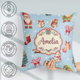 Custom Name Christmas Gnome Reindeer on Blue Snow Dot Background Square Filled Cushion Throw Pillow Sofa Bed Home Decor Zip Washable UK Made