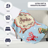 Christmas Gnome Reindeer Snowman Gift on Blue Snow Dot Background  Personalised Custom Name Super Soft Fleece Blanket Bed Sofa Throw