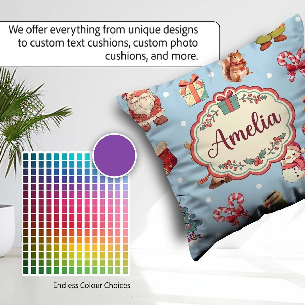 Custom Name Christmas Gnome Reindeer on Blue Snow Dot Background Square Filled Cushion Throw Pillow Sofa Bed Home Decor Zip Washable UK Made