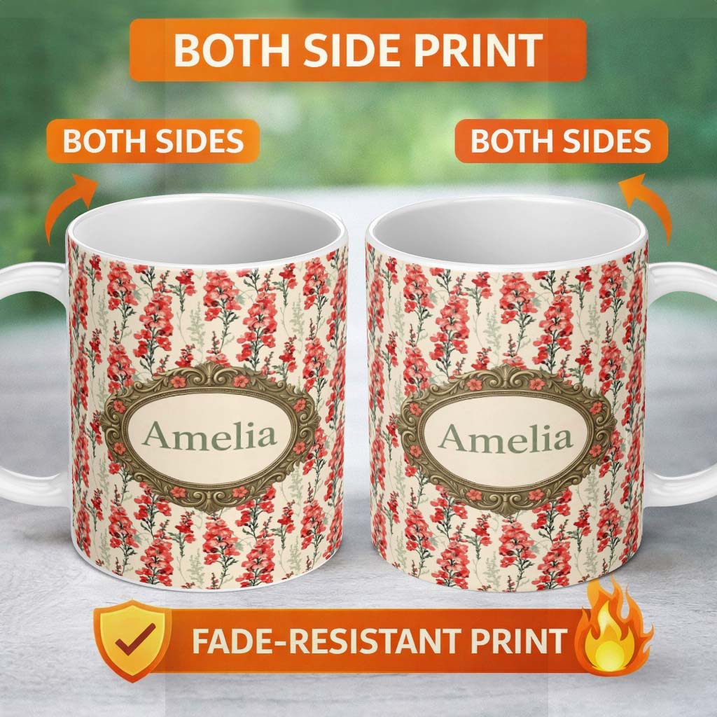 Personalized Custom Name Soft Coral Floral Vertical on Neutral Background Elegant Botanical 11oz Ceramic Coffee Tea Mug White Large Handle