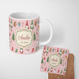 Personalized Custom Name Christmas Gnome Reindeer Snowman Gift on Pink Snow Dot Background 11oz Ceramic Coffee Tea Mug White Large Handle