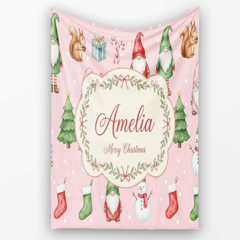 Christmas Gnome Reindeer Snowman Gift on Pink Snow Dot Background  Personalised Custom Name Super Soft Fleece Blanket Bed Sofa Throw