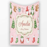 Christmas Gnome Reindeer Snowman Gift on Pink Snow Dot Background  Personalised Custom Name Super Soft Fleece Blanket Bed Sofa Throw