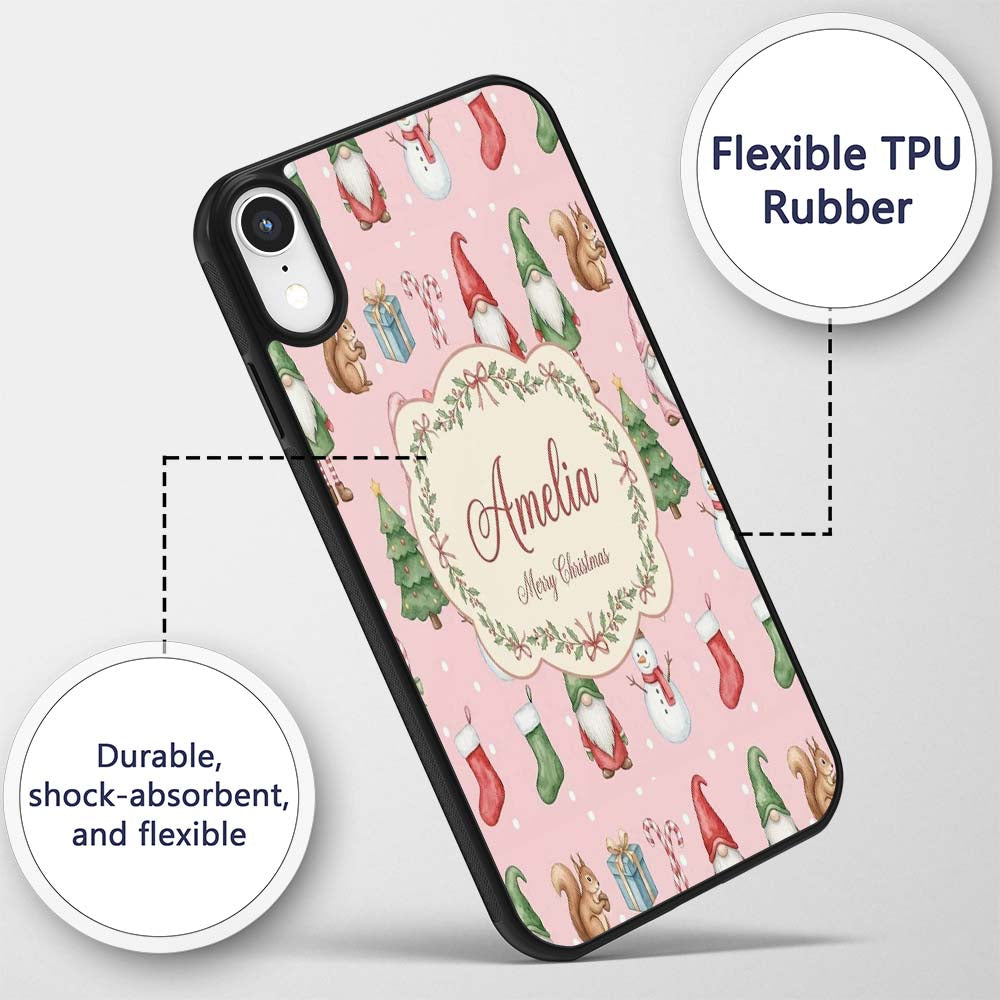 Christmas Gnome Reindeer Snowman Gift on Pink Custom Name Protective Phone Case Mobile Cover Durable Everyday Smartphone Shock Resistant