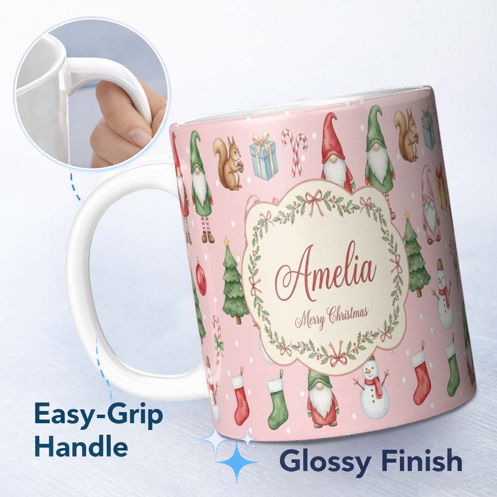 Personalized Custom Name Christmas Gnome Reindeer Snowman Gift on Pink Snow Dot Background 11oz Ceramic Coffee Tea Mug White Large Handle
