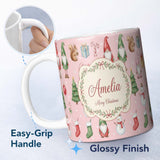 Personalized Custom Name Christmas Gnome Reindeer Snowman Gift on Pink Snow Dot Background 11oz Ceramic Coffee Tea Mug White Large Handle