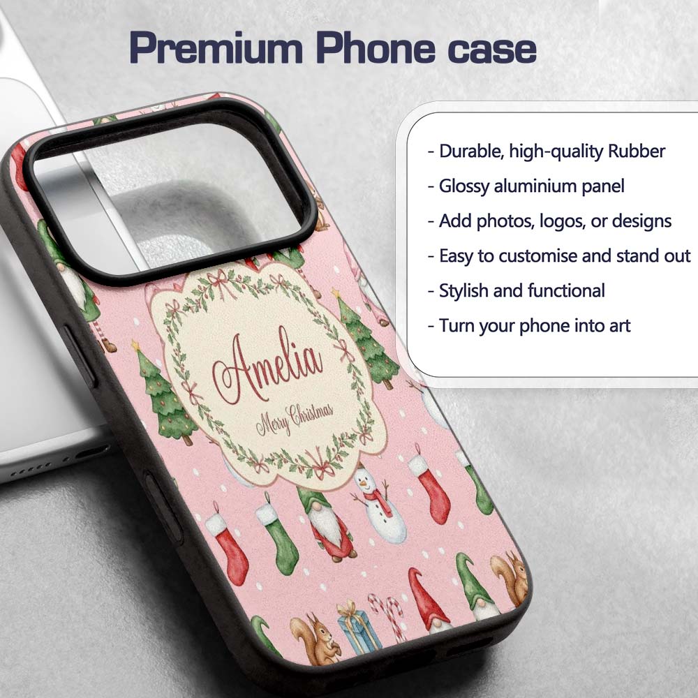Christmas Gnome Reindeer Snowman Gift on Pink Custom Name Protective Phone Case Mobile Cover Durable Everyday Smartphone Shock Resistant