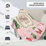Christmas Gnome Reindeer Snowman Gift on Pink Snow Dot Background  Personalised Custom Name Super Soft Fleece Blanket Bed Sofa Throw