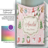 Christmas Gnome Reindeer Snowman Gift on Pink Snow Dot Background  Personalised Custom Name Super Soft Fleece Blanket Bed Sofa Throw