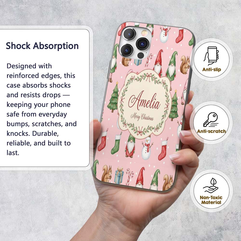 Christmas Gnome Reindeer Snowman Gift on Pink Custom Name Protective Phone Case Mobile Cover Durable Everyday Smartphone Shock Resistant