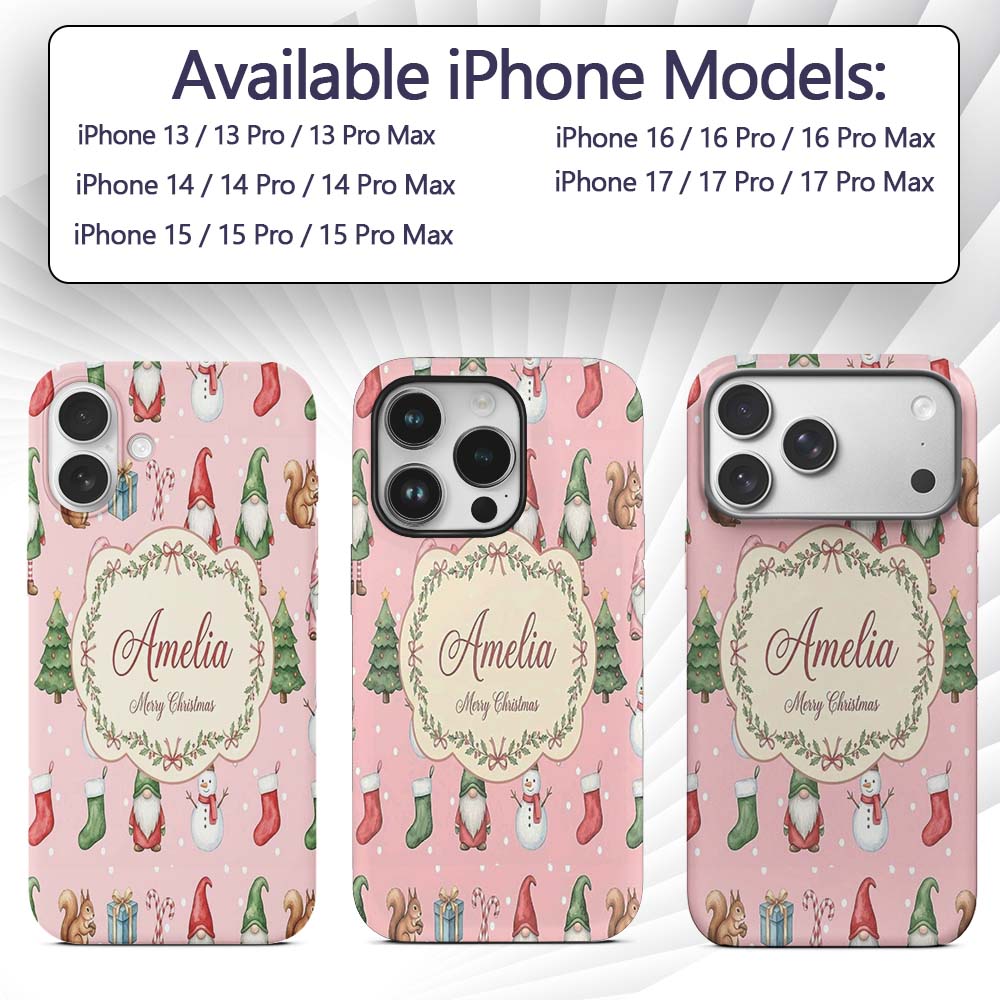 Christmas Gnome Reindeer Snowman Gift on Pink Custom Name Protective Phone Case Mobile Cover Durable Everyday Smartphone Shock Resistant