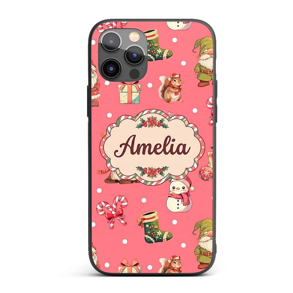 Christmas Gnome Reindeer Snowman Gift on Red Snow Custom Name Protective Phone Case Mobile Cover Durable Everyday Smartphone Shock Resistant