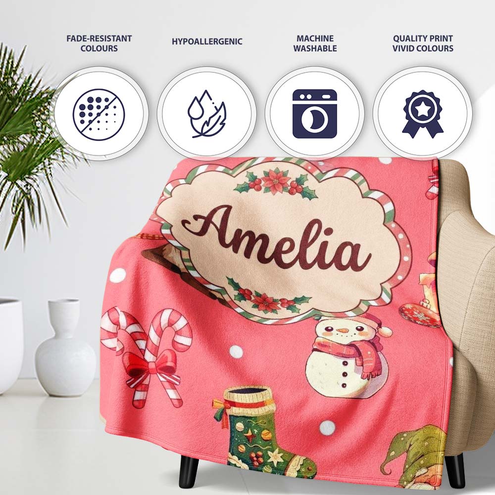 Christmas Gnome Reindeer Snowman Gift on Red Snow Dot Background  Personalised Custom Name Super Soft Fleece Blanket Bed Sofa Throw