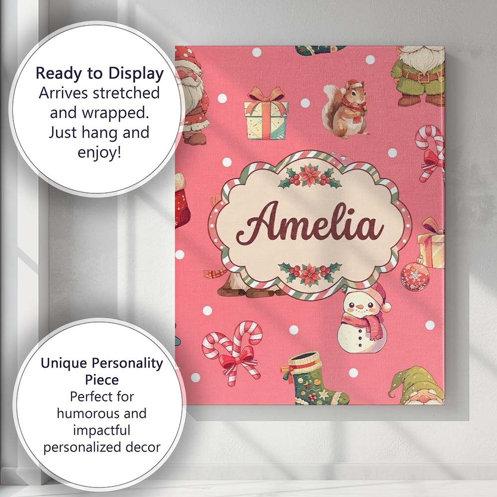 Personalised Name Christmas Gnome Reindeer Custom  Unique Gift Idea Elegant Feature Canvas Wall Art Print Decor Picture Ready to Hang