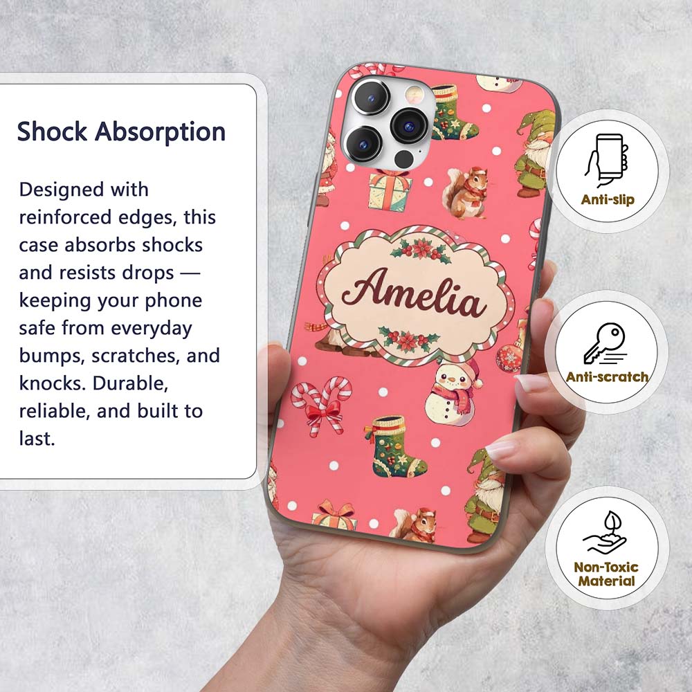Christmas Gnome Reindeer Snowman Gift on Red Snow Custom Name Protective Phone Case Mobile Cover Durable Everyday Smartphone Shock Resistant