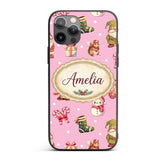 Christmas Gnome Reindeer Snowman Gift on Pink Custom Name Protective Phone Case Mobile Cover Durable Everyday Smartphone Shock Resistant