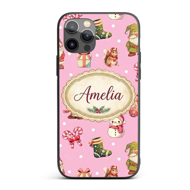 Christmas Gnome Reindeer Snowman Gift on Pink Custom Name Protective Phone Case Mobile Cover Durable Everyday Smartphone Shock Resistant