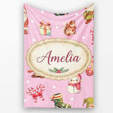Christmas Gnome Reindeer Snowman Gift on Pink Snow Dot Background  Personalised Custom Name Super Soft Fleece Blanket Bed Sofa Throw