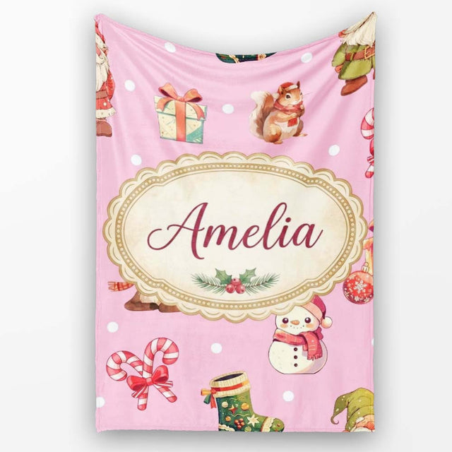 Christmas Gnome Reindeer Snowman Gift on Pink Snow Dot Background  Personalised Custom Name Super Soft Fleece Blanket Bed Sofa Throw