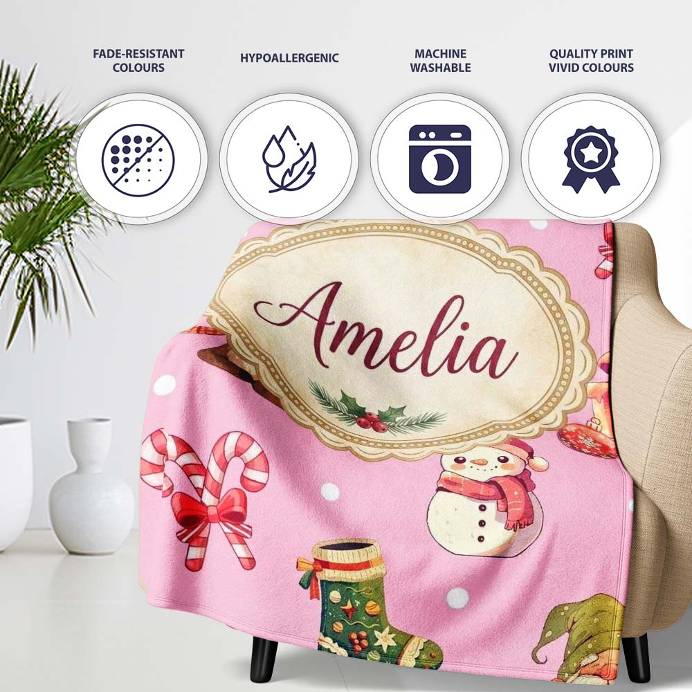 Christmas Gnome Reindeer Snowman Gift on Pink Snow Dot Background  Personalised Custom Name Super Soft Fleece Blanket Bed Sofa Throw