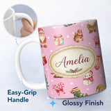 Personalized Custom Name Christmas Gnome Reindeer Snowman Gift on Pink Snow Dot Background 11oz Ceramic Coffee Tea Mug White Large Handle