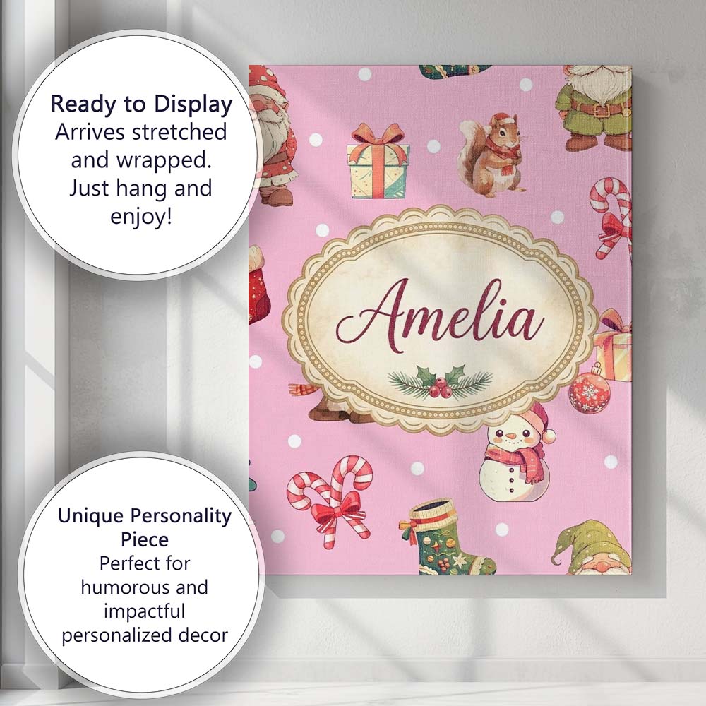 Personalised Name Christmas Gnome Reindeer Custom  Unique Gift Idea Elegant Feature Canvas Wall Art Print Decor Picture Ready to Hang