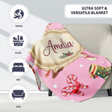 Christmas Gnome Reindeer Snowman Gift on Pink Snow Dot Background  Personalised Custom Name Super Soft Fleece Blanket Bed Sofa Throw