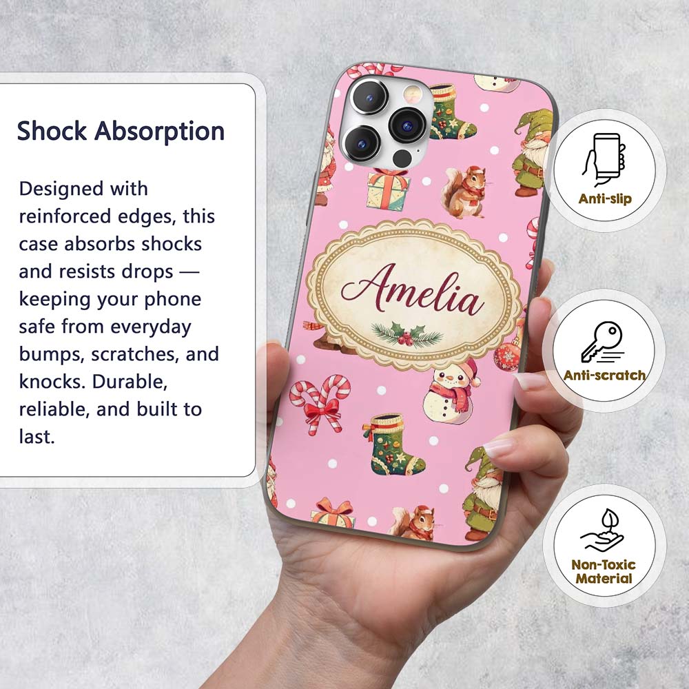 Christmas Gnome Reindeer Snowman Gift on Pink Custom Name Protective Phone Case Mobile Cover Durable Everyday Smartphone Shock Resistant